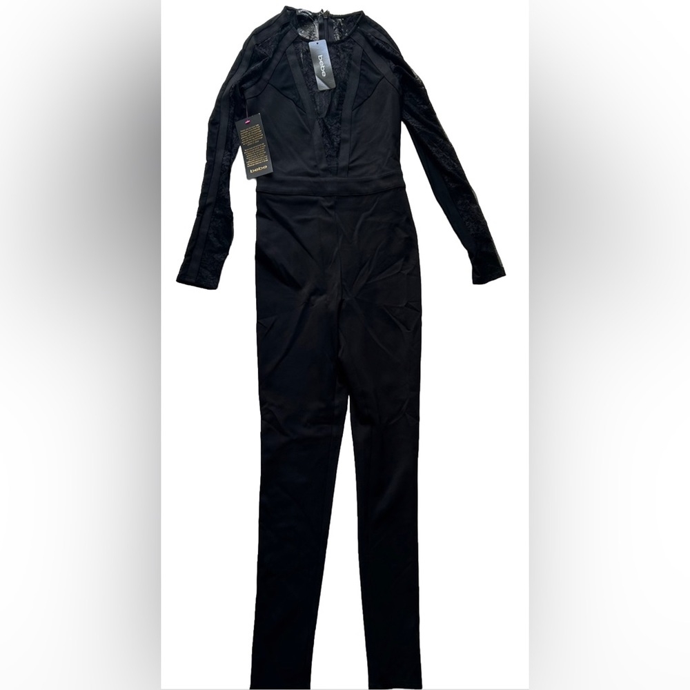 Bebe Women's US 4 Naomi Lace Blocked Jumpsuit Jet Black 15WCD905923-001 NWT